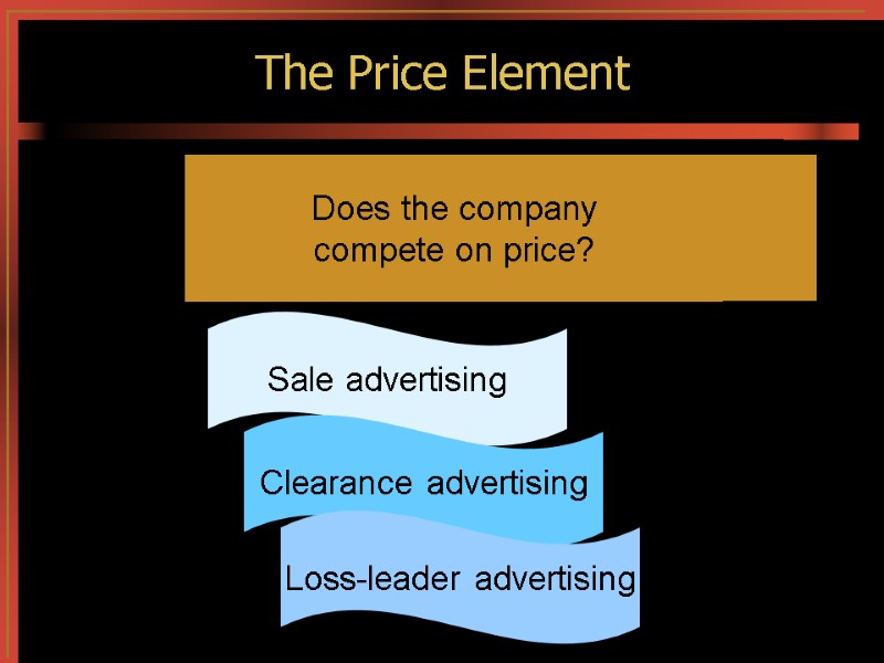 NO The Price Element Does the company compete on price? YES Sale advertising Clearance